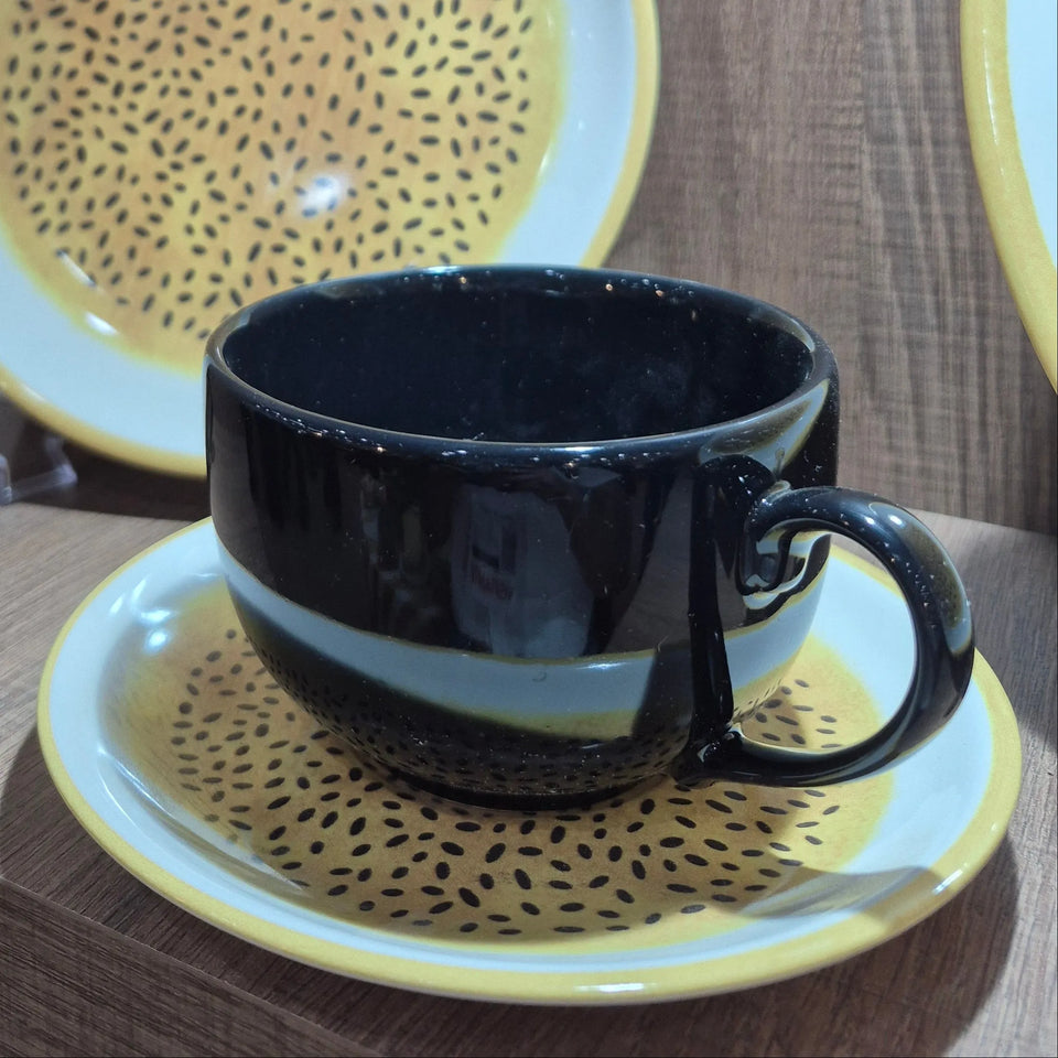 Jogo 6 Xícaras Chá Preta Cerâmica Pires Maracujá 250ml Alleanza