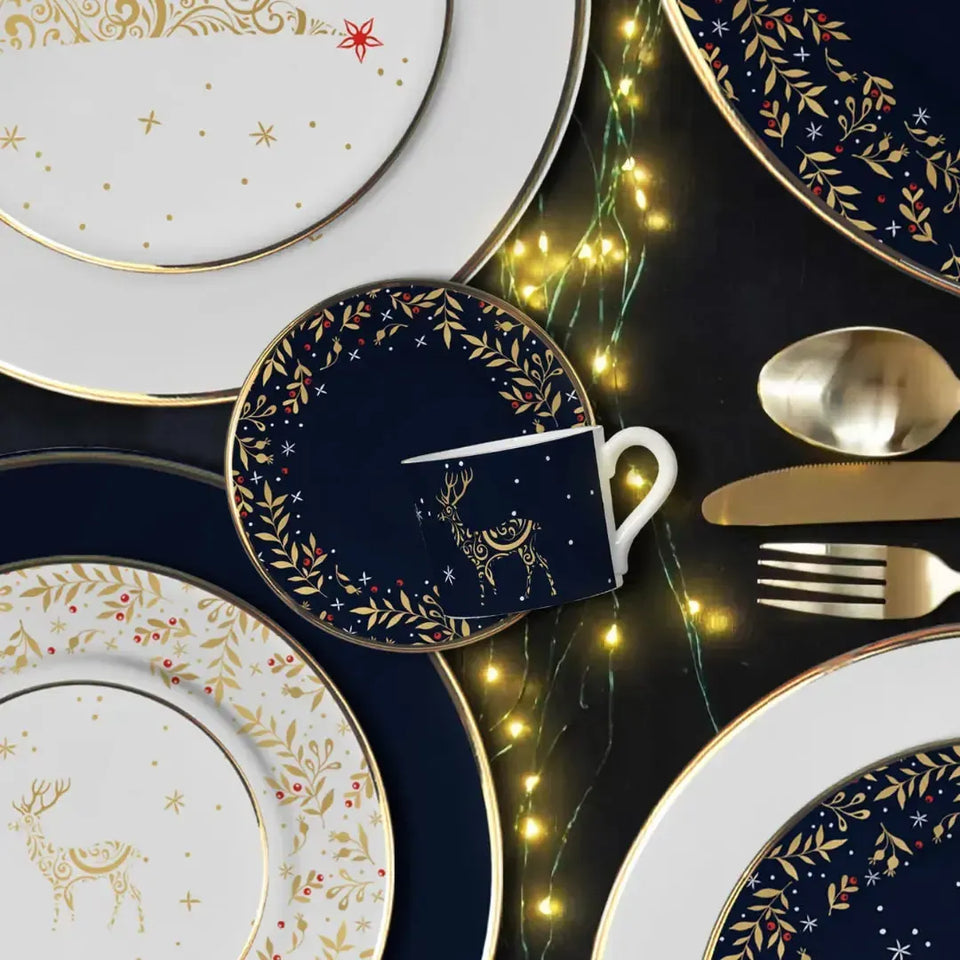 Jogo 6 Xícaras de Café Pires Cerâmica Azul Christmas Lights 100ml