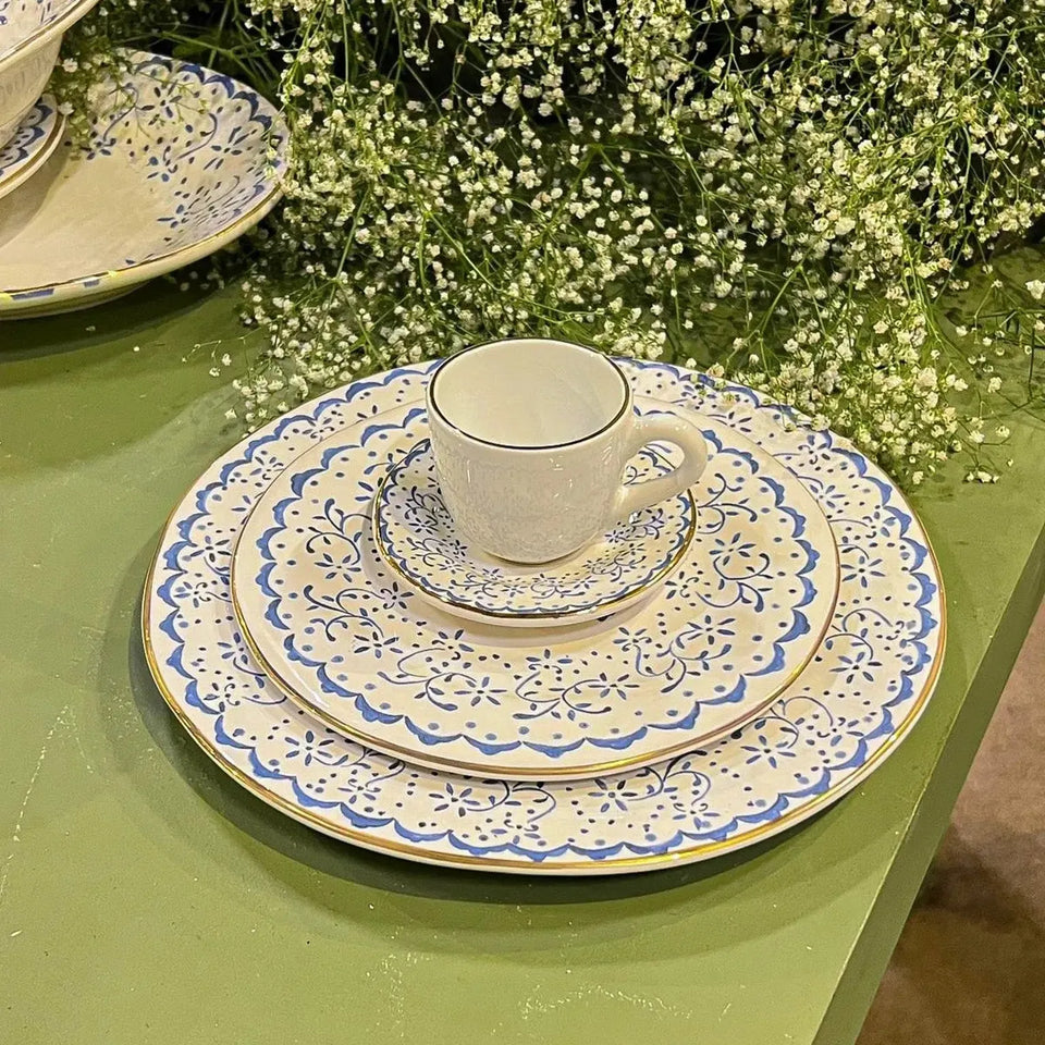 Jogo 6 Xícaras de Café com Pires Cerâmica Arabesco Azul 90ml Scalla