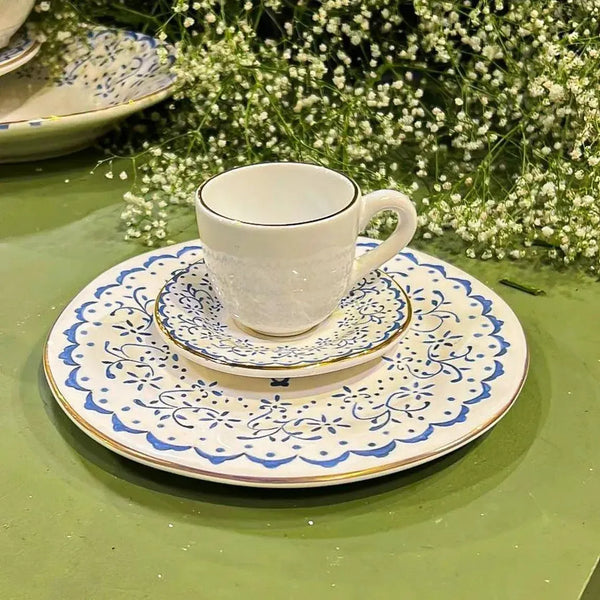 Jogo 6 Xícaras de Café com Pires Cerâmica Arabesco Azul 90ml Scalla