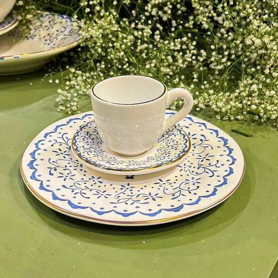 Jogo 6 Xícaras de Café com Pires Cerâmica Arabesco Azul 90ml Scalla