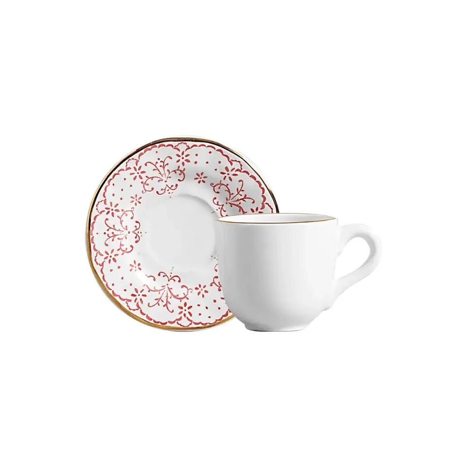 Jogo 6 Xícaras de Café com Pires Cerâmica Arabesco Rosa 90ml Scalla