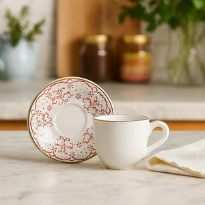 Jogo 6 Xícaras de Café com Pires Cerâmica Arabesco Rosa 90ml Scalla