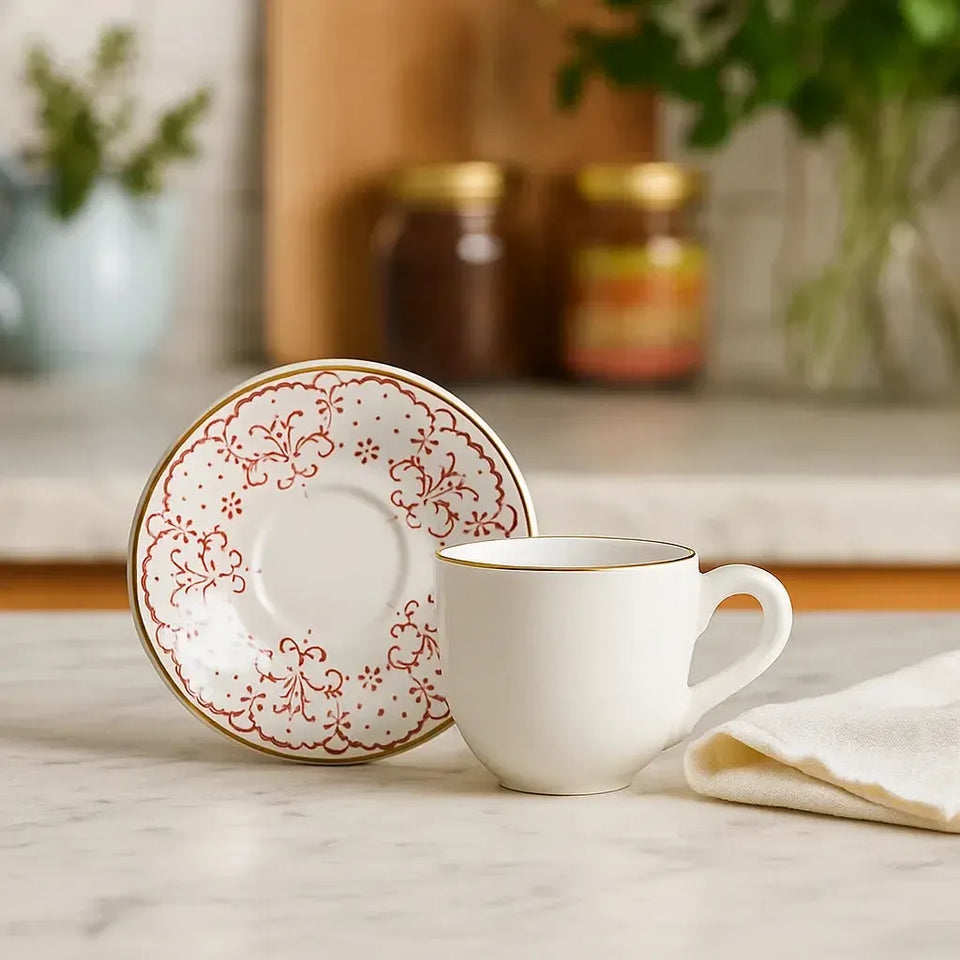 Jogo 6 Xícaras de Café com Pires Cerâmica Arabesco Rosa 90ml Scalla