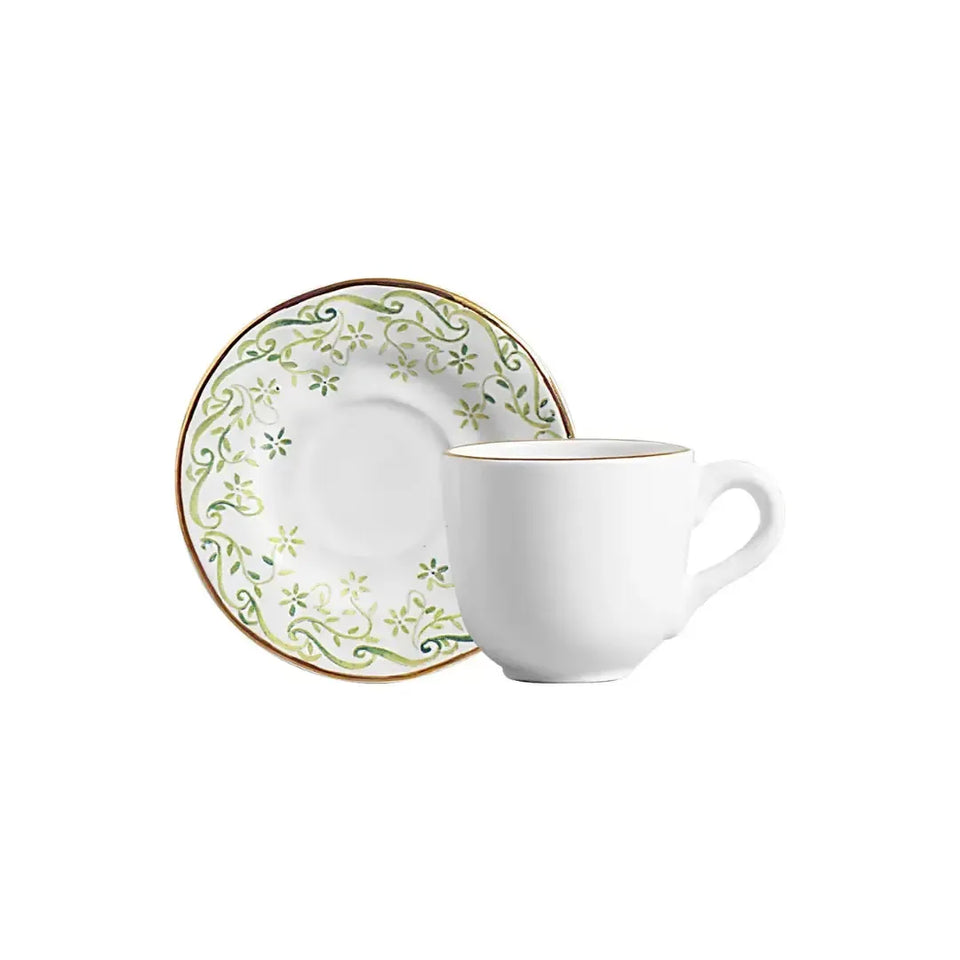 Jogo 6 Xícaras de Café com Pires Cerâmica Arabesco Verde 90ml Scalla