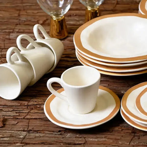 Jogo 6 Xícaras de Café com Pires Cerâmica Bege com Filete Amassada 80ml Scalla