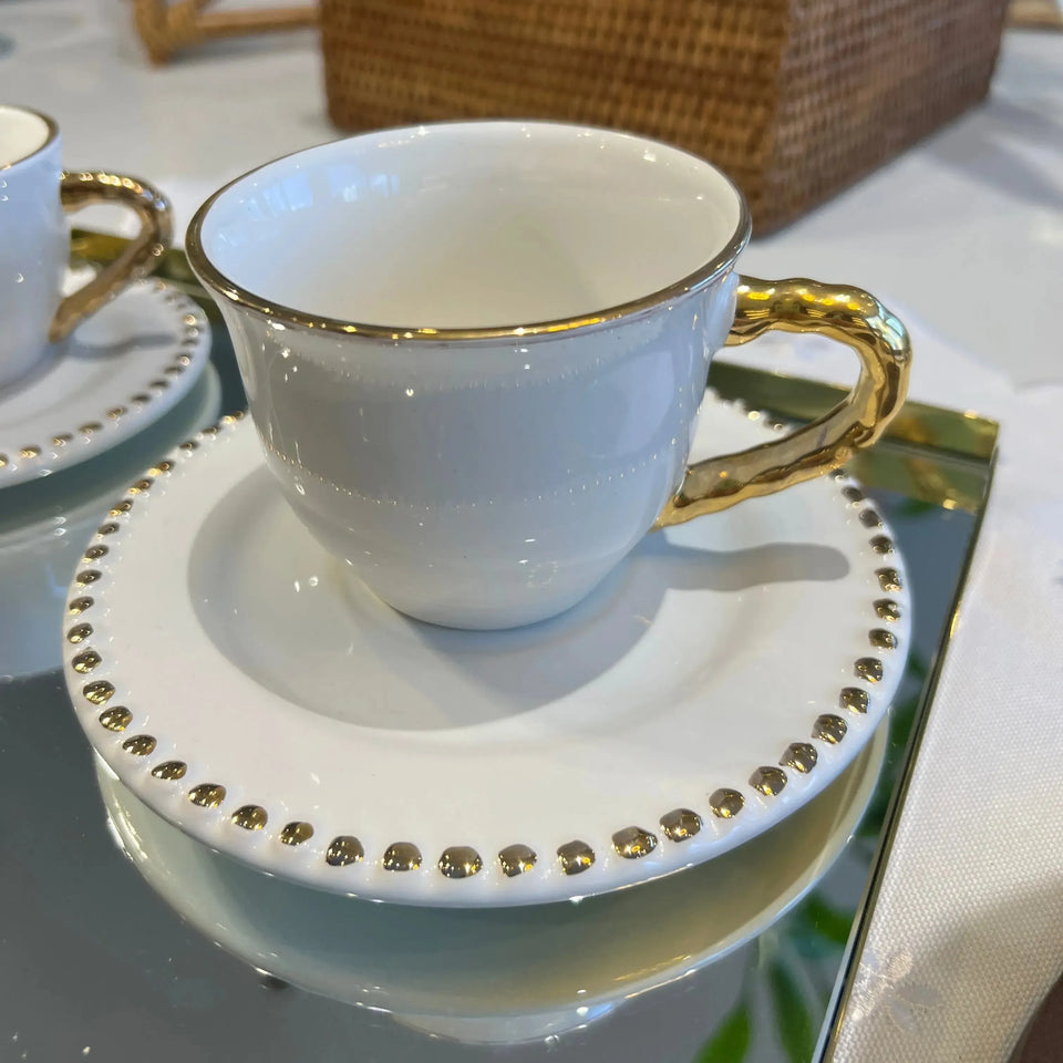 Jogo 6 Xícaras de Café com Pires Cerâmica Brasilis Branco com Filete em Ouro 100ml Scalla