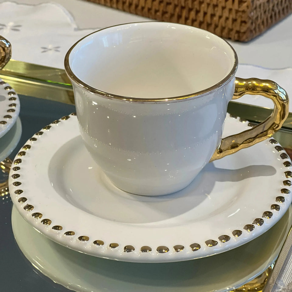 Jogo 6 Xícaras de Café com Pires Cerâmica Brasilis Branco com Filete em Ouro 100ml Scalla