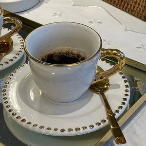 Jogo 6 Xícaras de Café com Pires Cerâmica Brasilis Branco com Filete em Ouro 100ml Scalla