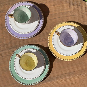Jogo 6 Xícaras de Café com Pires Cerâmica Brasilis Colors com Filete em Ouro 100ml Scalla