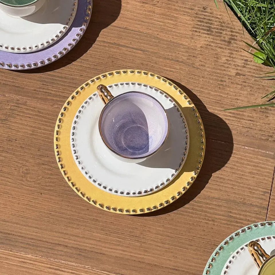 Jogo 6 Xícaras de Café com Pires Cerâmica Brasilis Lilás com Filete em Ouro 100ml Scalla