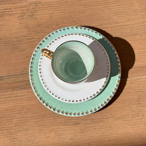Jogo 6 Xícaras de Café com Pires Cerâmica Brasilis Verde com Filete em Ouro 100ml Scalla