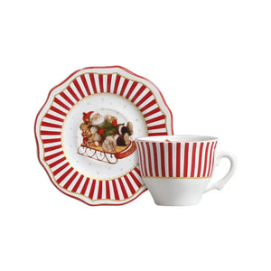Jogo 6 Xícaras de Café com Pires Cerâmica Vermelho Filete Dourado Christmas Charm Scalla