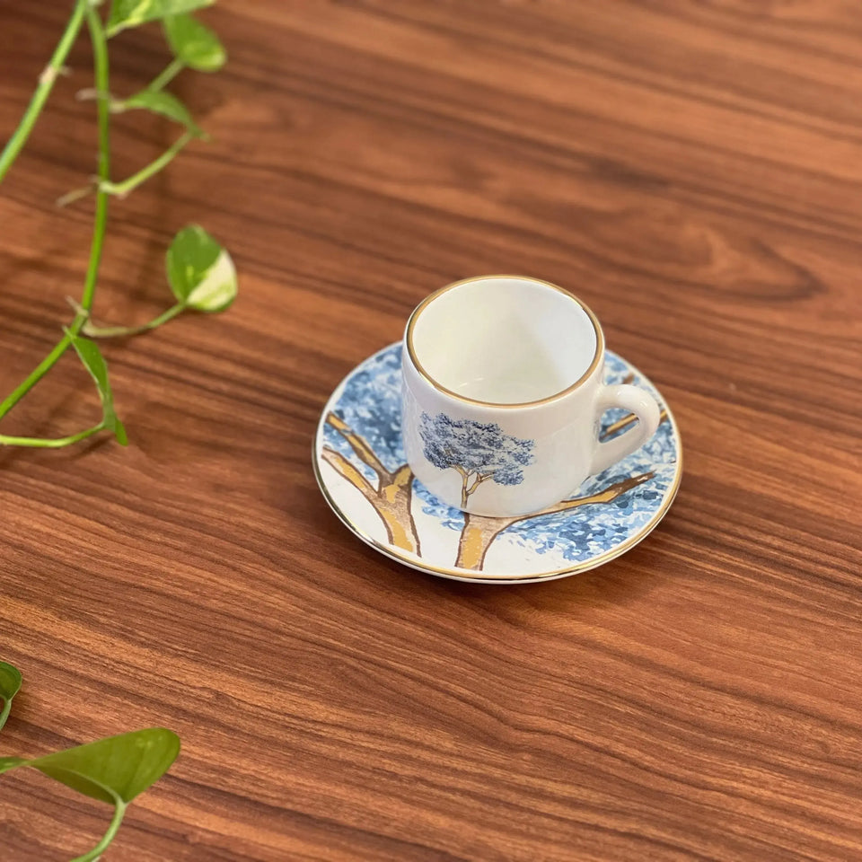 Jogo 6 Xícaras de Café com Pires Cerâmica Ypê Azul com Filete de Ouro 100ml Scalla