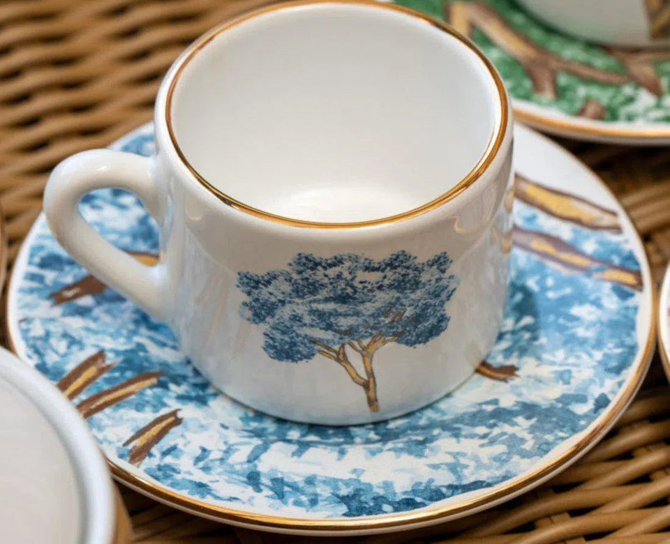 Jogo 6 Xícaras de Café com Pires Cerâmica Ypê Azul com Filete de Ouro 100ml Scalla