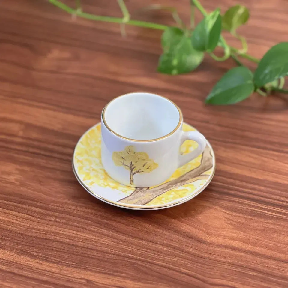 Jogo 6 Xícaras de Café com Pires Cerâmica Ypê Colorido com Filete de Ouro 100ml Scalla