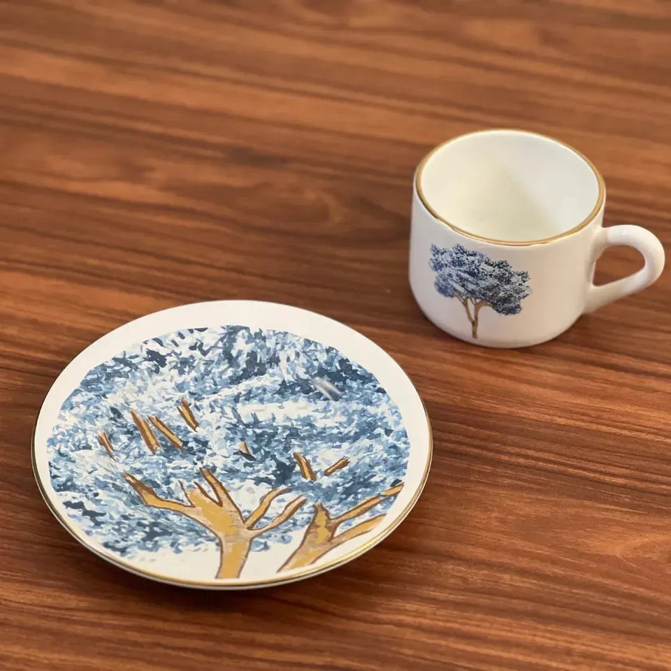 Jogo 6 Xícaras de Café com Pires Cerâmica Ypê Colorido com Filete de Ouro 100ml Scalla