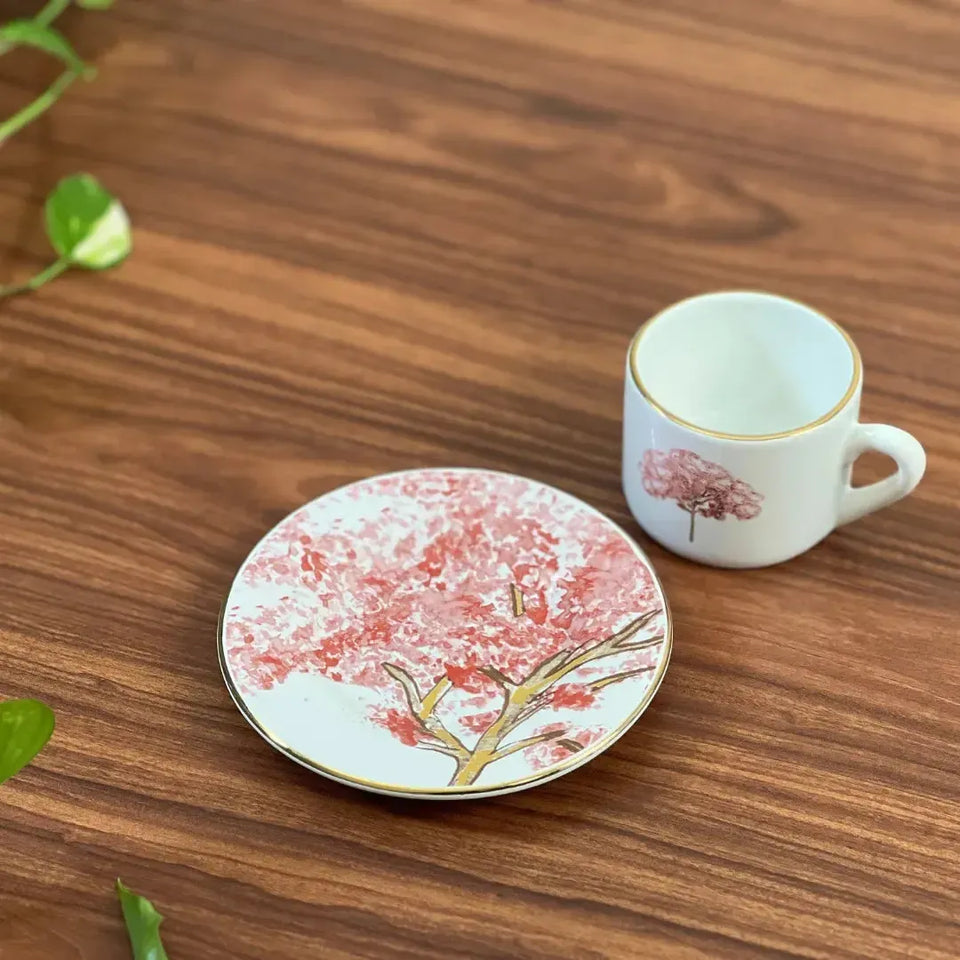 Jogo 6 Xícaras de Café com Pires Cerâmica Ypê Colorido com Filete de Ouro 100ml Scalla