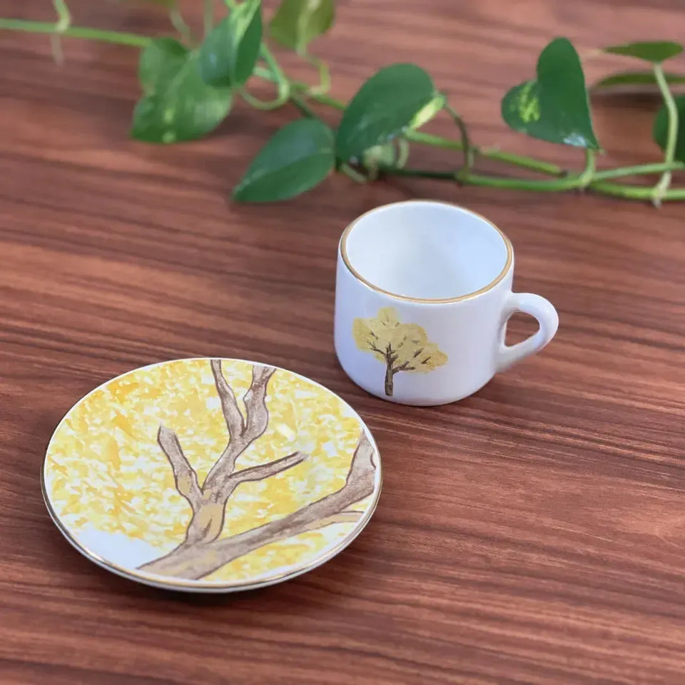 Jogo 6 Xícaras de Café com Pires Cerâmica Ypê Colorido com Filete de Ouro 100ml Scalla