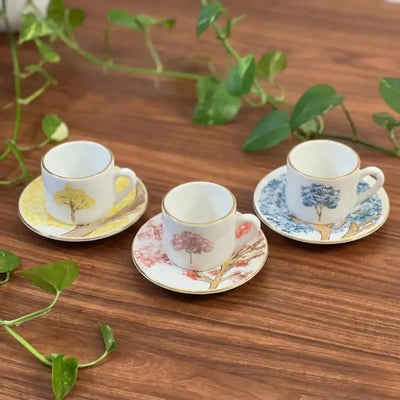 Jogo 6 Xícaras de Café com Pires Cerâmica Ypê Colorido com Filete de Ouro 100ml Scalla