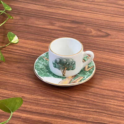 Jogo 6 Xícaras de Café com Pires Cerâmica Ypê Verde com Filete de Ouro 100ml Scalla