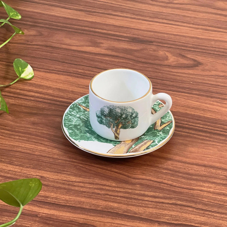 Jogo 6 Xícaras de Café com Pires Cerâmica Ypê Verde com Filete de Ouro 100ml Scalla