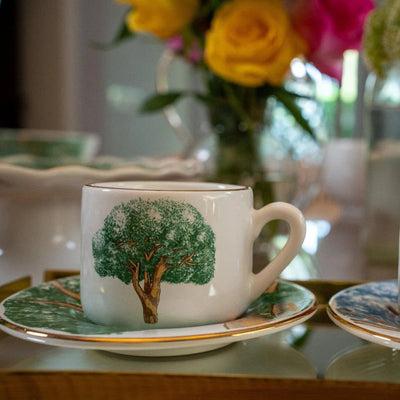 Jogo 6 Xícaras de Café com Pires Cerâmica Ypê Verde com Filete de Ouro 100ml Scalla