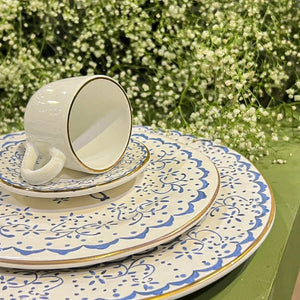 Jogo 6 Xícaras de Chá com Pires Cerâmica Arabesco Azul 200ml Scalla