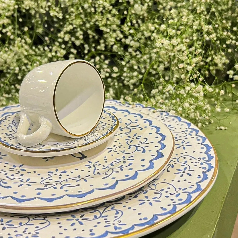 Jogo 6 Xícaras de Chá com Pires Cerâmica Arabesco Azul 200ml Scalla