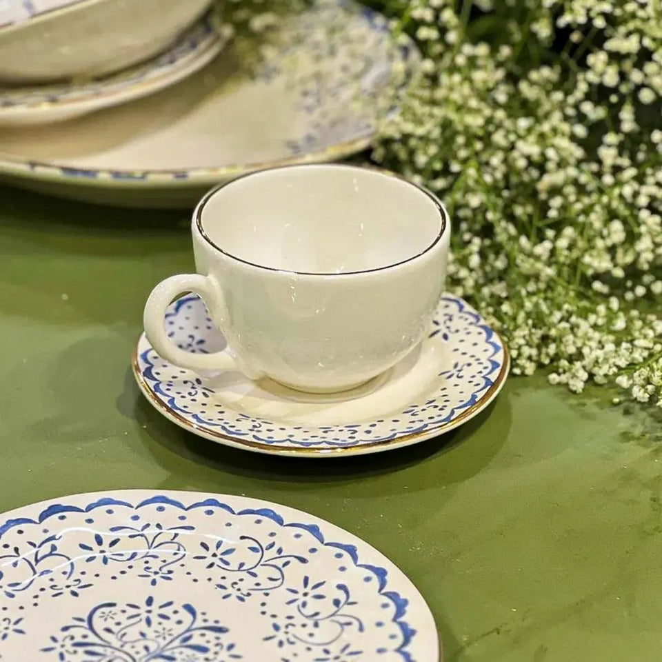 Jogo 6 Xícaras de Chá com Pires Cerâmica Arabesco Azul 200ml Scalla
