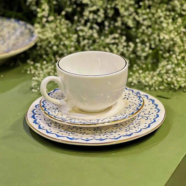 Jogo 6 Xícaras de Chá com Pires Cerâmica Arabesco Azul 200ml Scalla