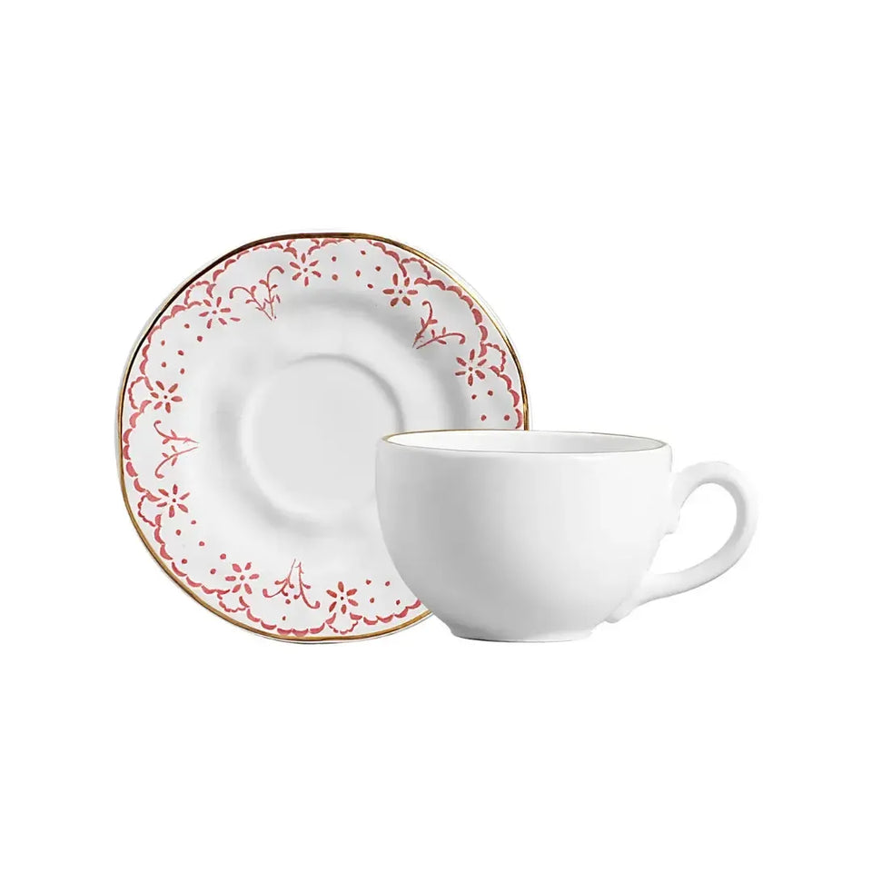 Jogo 6 Xícaras de Chá com Pires Cerâmica Arabesco Rosa 200ml Scalla