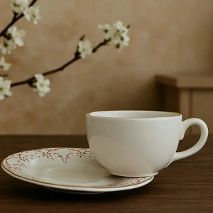 Jogo 6 Xícaras de Chá com Pires Cerâmica Arabesco Rosa 200ml Scalla