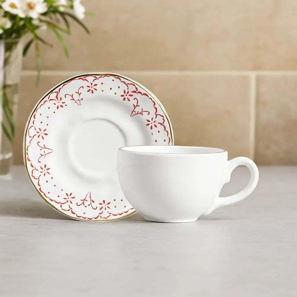 Jogo 6 Xícaras de Chá com Pires Cerâmica Arabesco Rosa 200ml Scalla