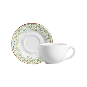 Jogo 6 Xícaras de Chá com Pires Cerâmica Arabesco Verde 200ml Scalla