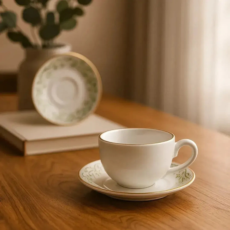 Jogo 6 Xícaras de Chá com Pires Cerâmica Arabesco Verde 200ml Scalla