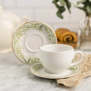 Jogo 6 Xícaras de Chá com Pires Cerâmica Arabesco Verde 200ml Scalla