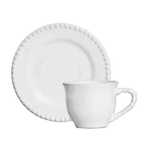 Jogo 6 Xícaras de Chá com Pires Cerâmica Bolinha Branco 200ml Scalla