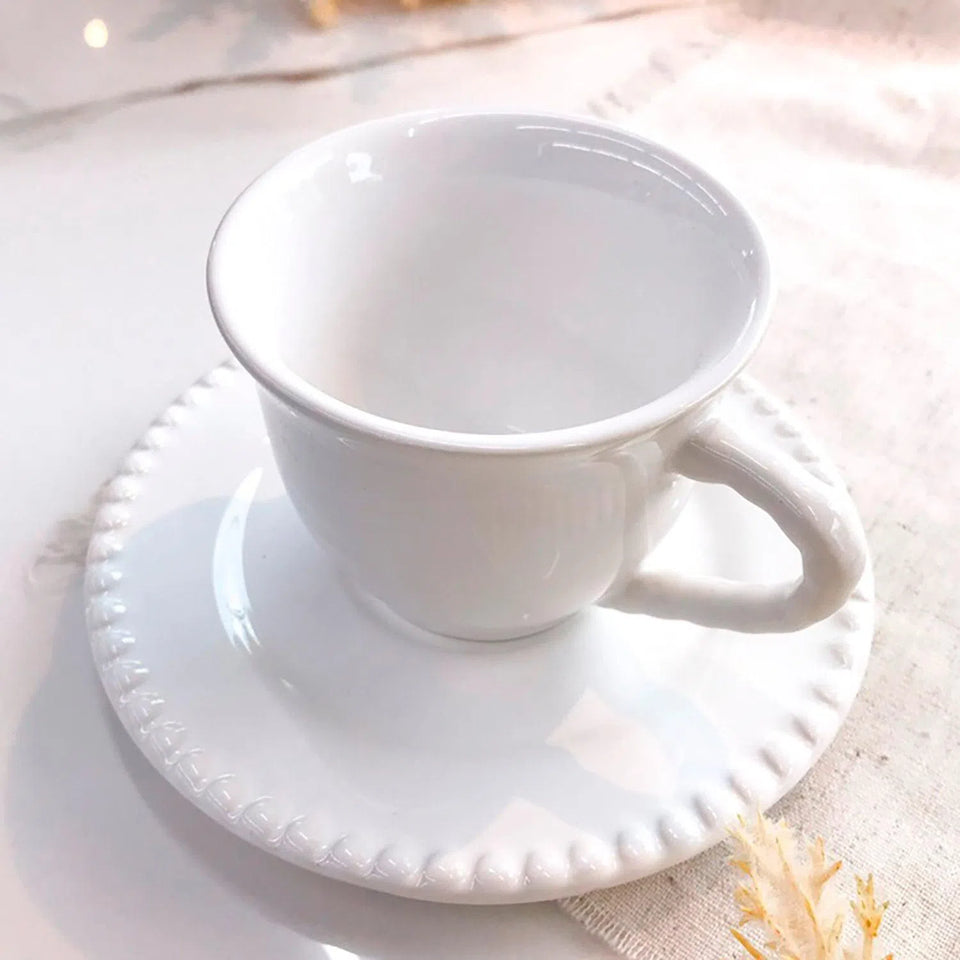 Jogo 6 Xícaras de Chá com Pires Cerâmica Bolinha Branco 200ml Scalla