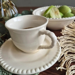 Jogo 6 Xícaras de Chá com Pires Cerâmica Bolinha Off White 200ml Scalla