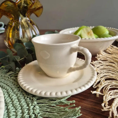 Jogo 6 Xícaras de Chá com Pires Cerâmica Bolinha Off White 200ml Scalla