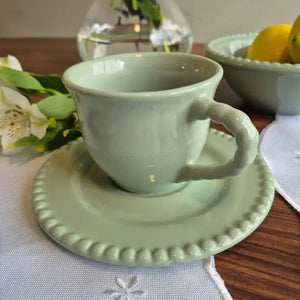 Jogo 6 Xícaras de Chá com Pires Cerâmica Bolinha Verde 200ml Scalla