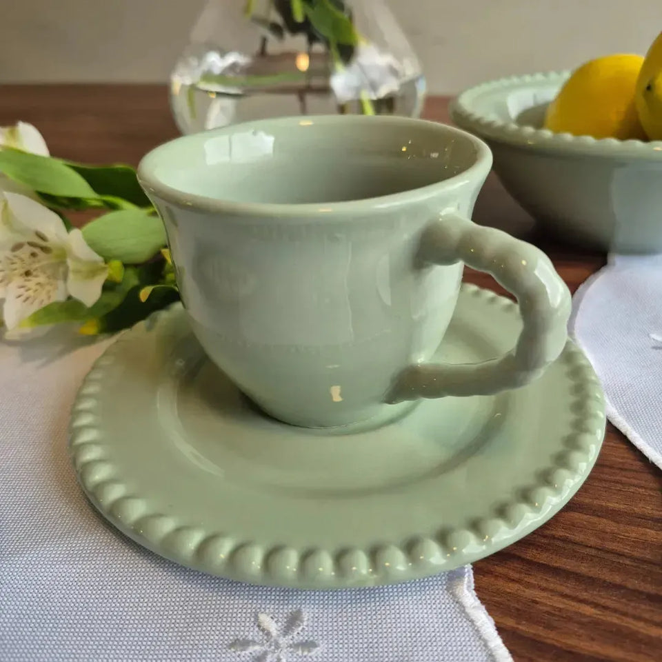 Jogo 6 Xícaras de Chá com Pires Cerâmica Bolinha Verde 200ml Scalla