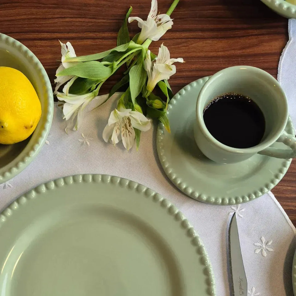 Jogo 6 Xícaras de Chá com Pires Cerâmica Bolinha Verde 200ml Scalla