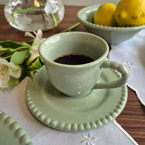 Jogo 6 Xícaras de Chá com Pires Cerâmica Bolinha Verde 200ml Scalla