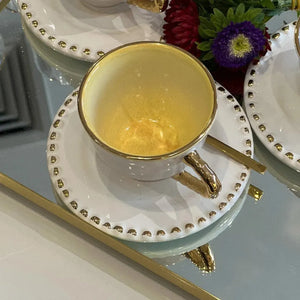 Jogo 6 Xícaras de Chá com Pires Cerâmica Brasilis Amarelo com Filete em Ouro 300ml Scalla