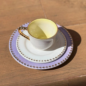 Jogo 6 Xícaras de Chá com Pires Cerâmica Brasilis Amarelo com Filete em Ouro 300ml Scalla