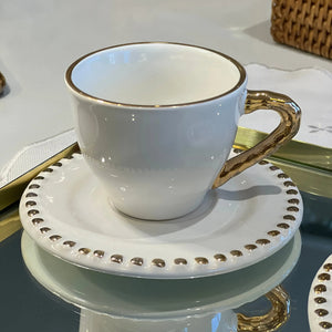 Jogo 6 Xícaras de Chá com Pires Cerâmica Brasilis Branco com Filete em Ouro 300ml Scalla