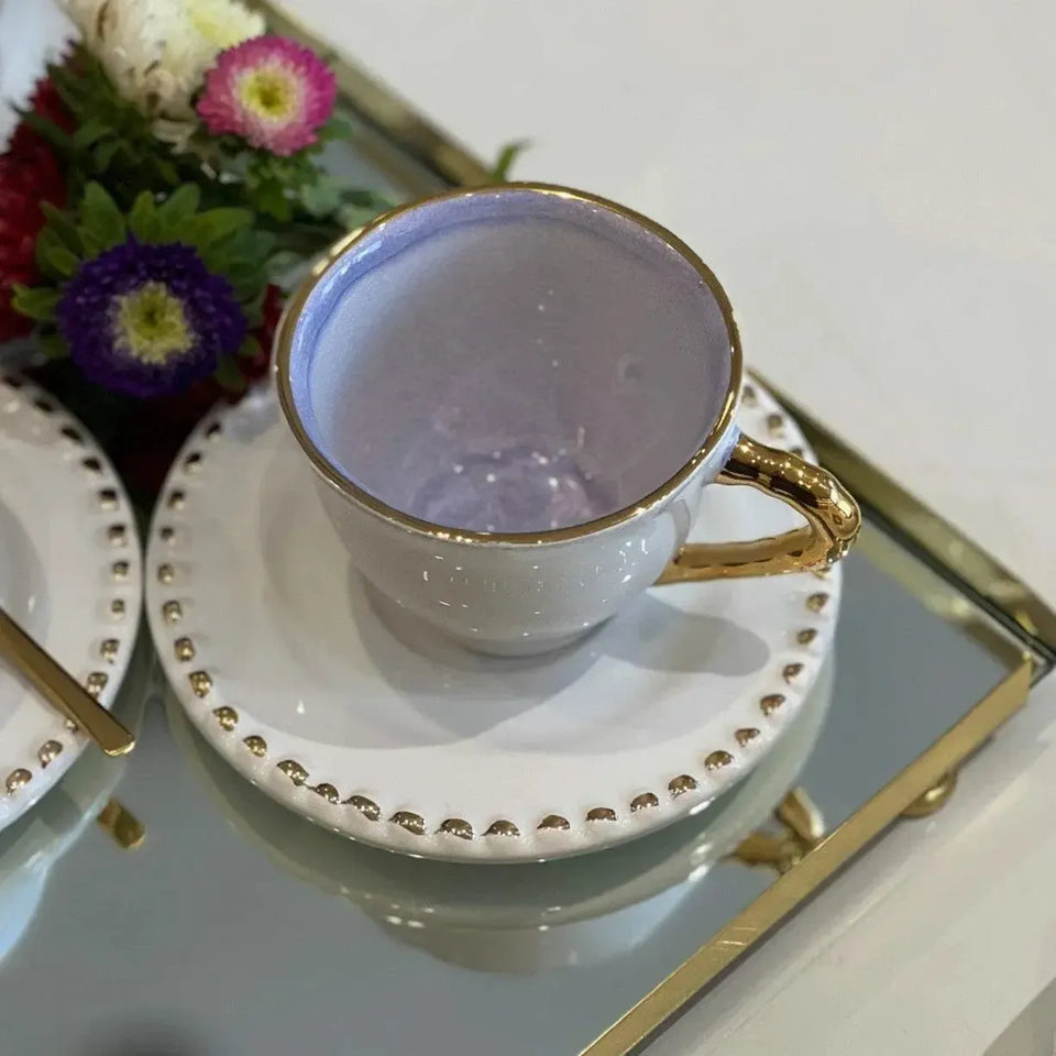 Jogo 6 Xícaras de Chá com Pires Cerâmica Brasilis Colors com Filete em Ouro 300ml Scalla