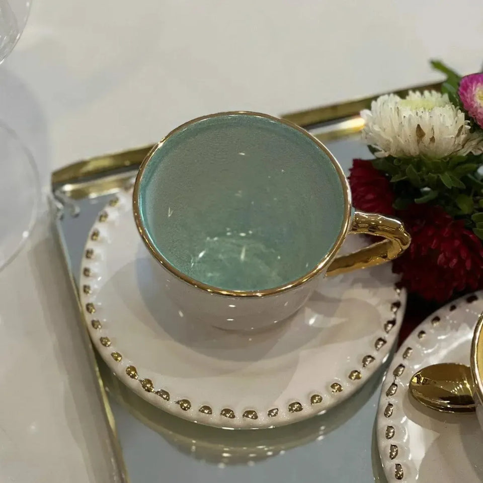 Jogo 6 Xícaras de Chá com Pires Cerâmica Brasilis Colors com Filete em Ouro 300ml Scalla